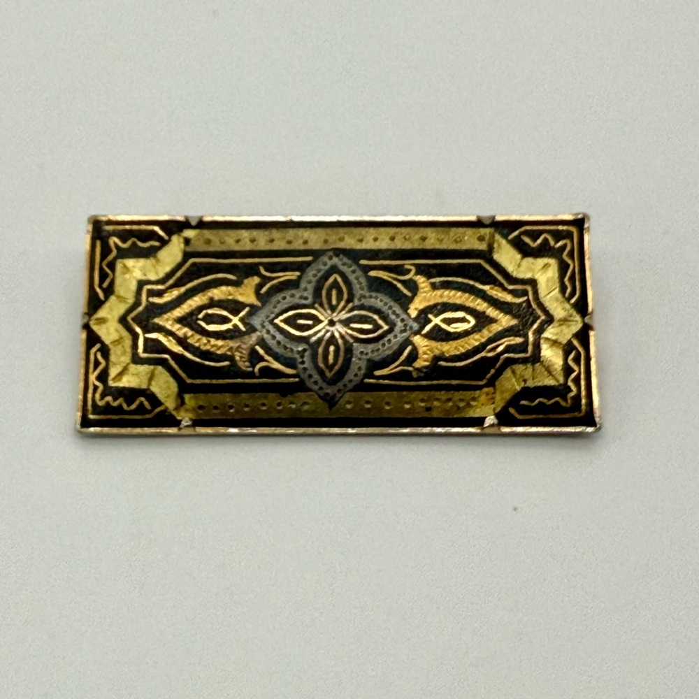 Vintage Damascene Toledo Style Long Rectangle Shape Brooch w Trombone Clasp 2”